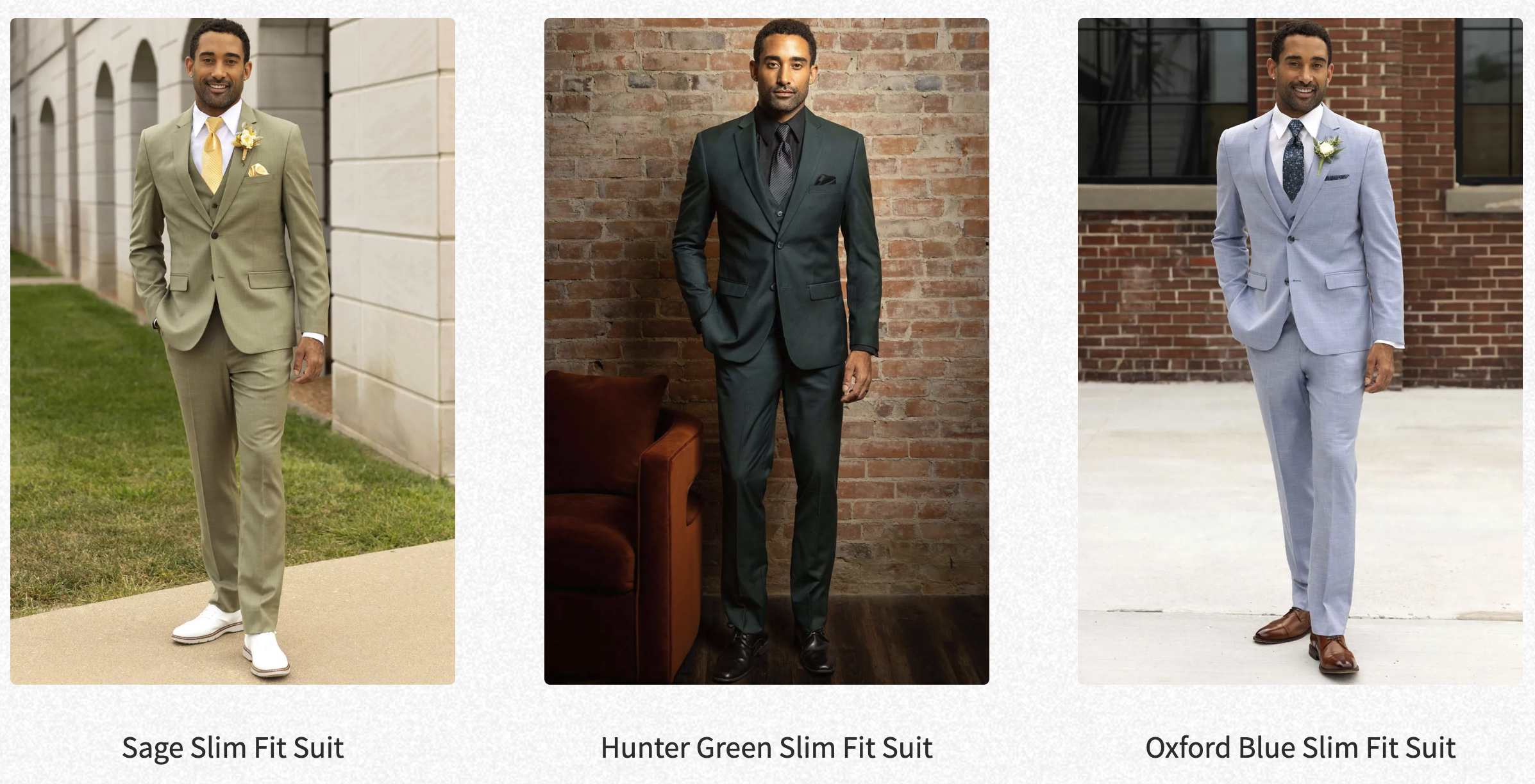 Sage, Hunter Green and Oxford Blue suits for sale